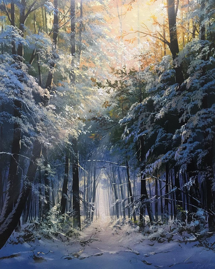 大自然风景油画图·阳光透过丛林间的光油画欣赏
