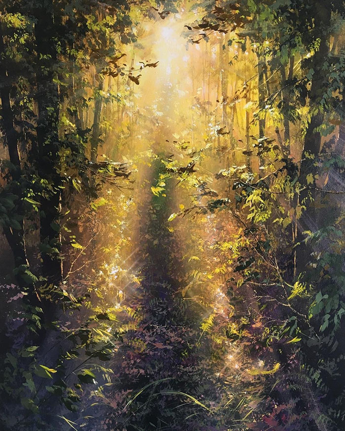 大自然风景油画图·阳光透过丛林间的光油画欣赏