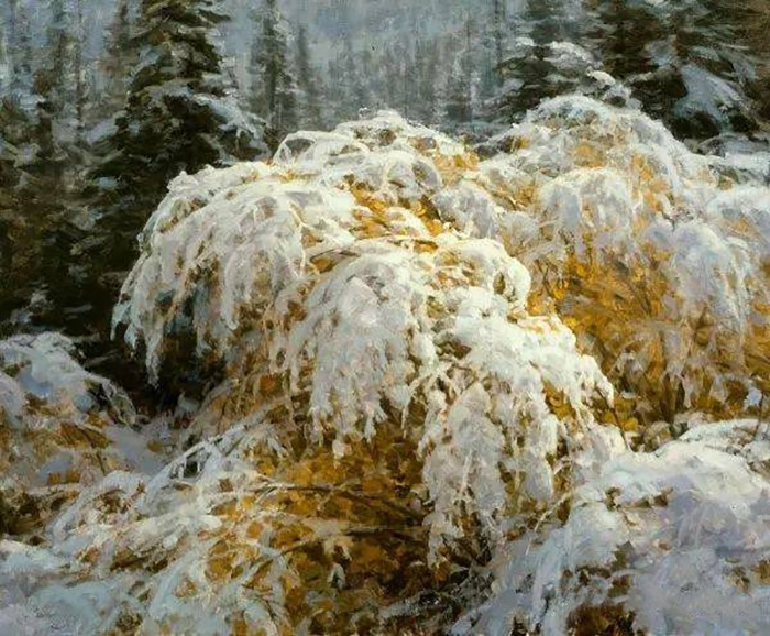 冬日雪地风景油画图·辽阔的原野油画欣赏