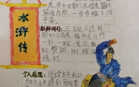 《水浒传之武松打虎》读书卡小报绘画图片-含文字内容