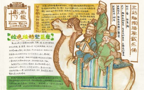 唐代·三彩釉陶骆驼载乐佣手抄报绘画图片+内容文字