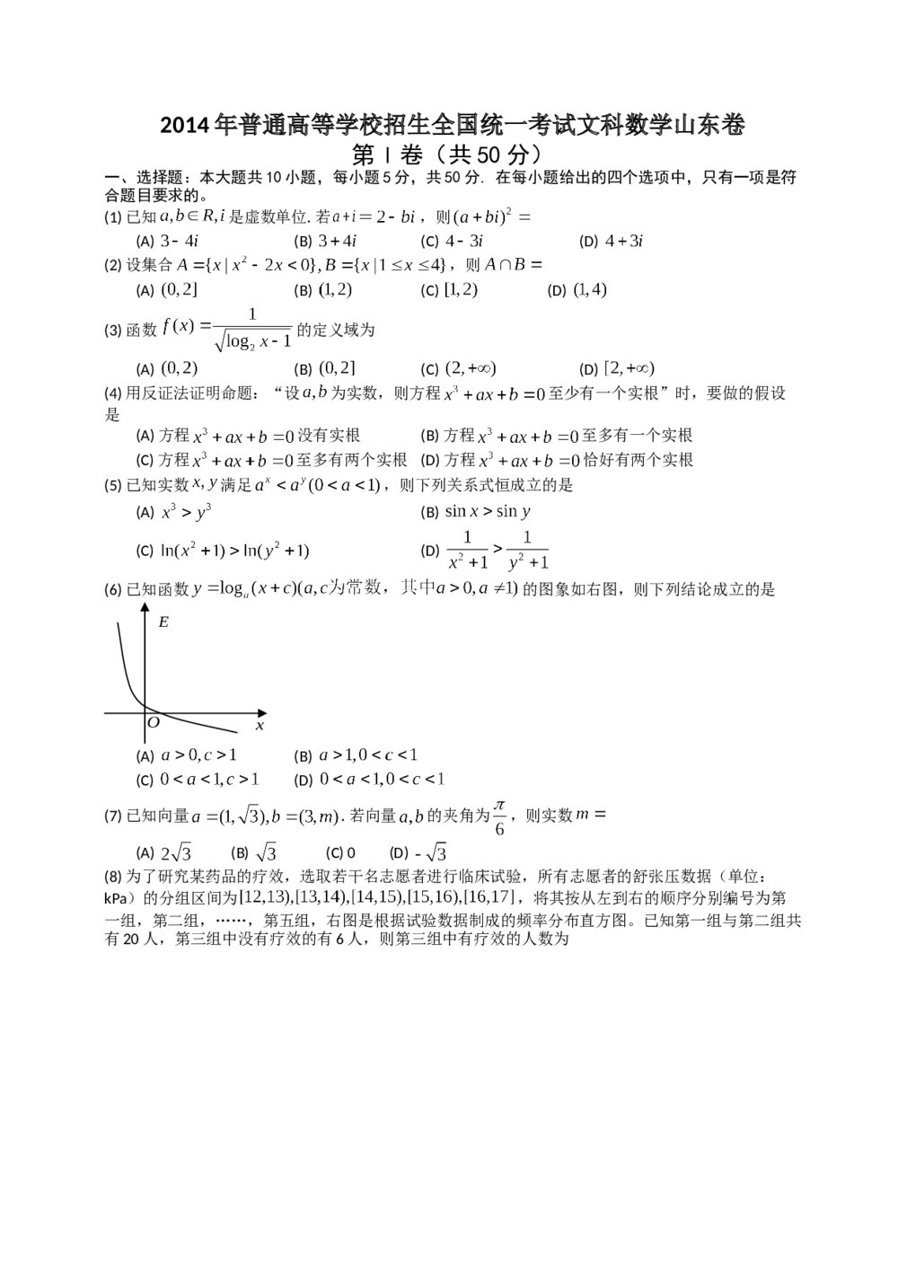 2014年山东高考文科数学真题试卷word版+(参考答案)