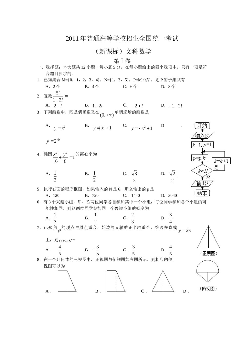 2011年海南省高考(文科)数学试卷(新课标)+参考答案