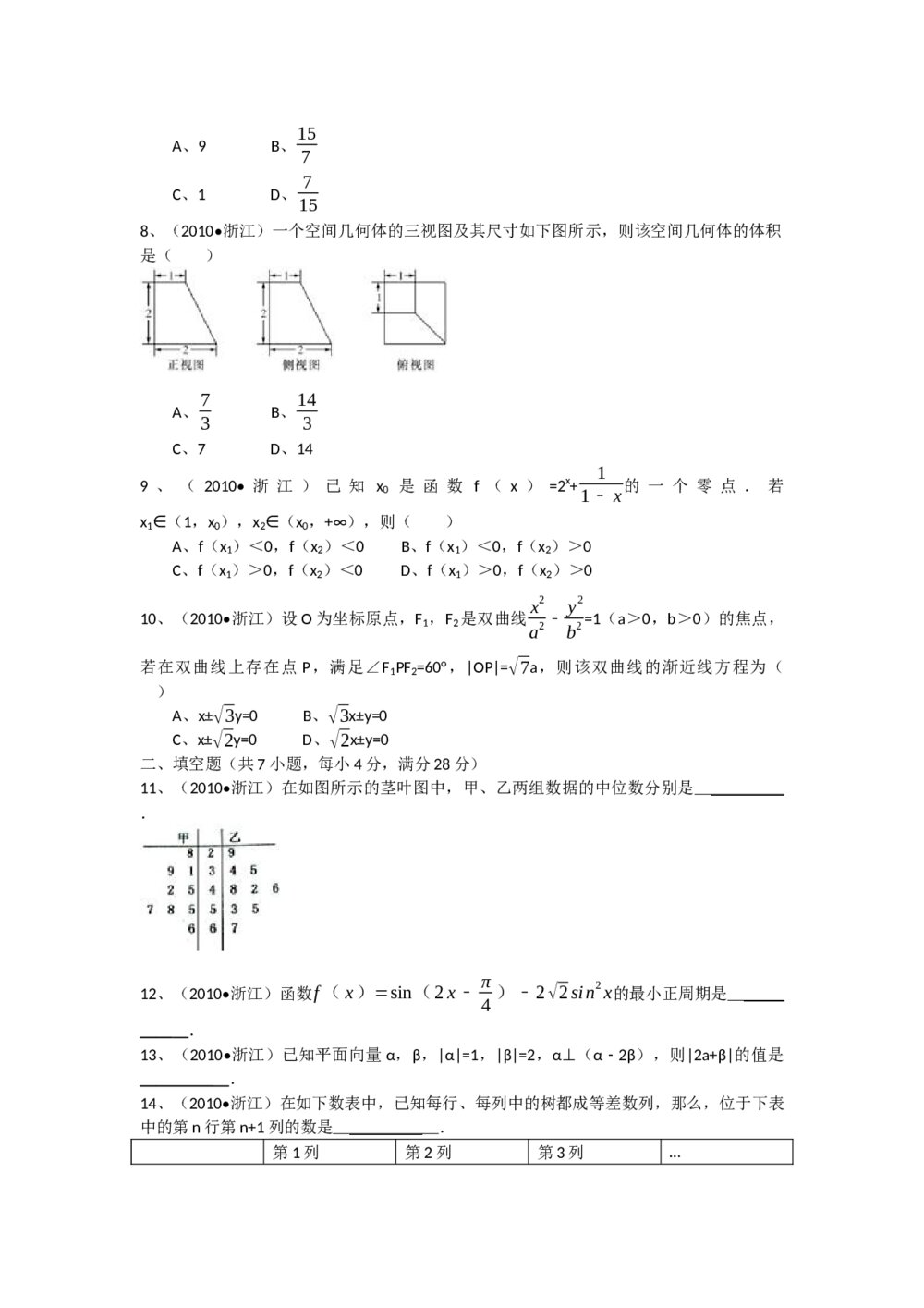 2010年高考浙江(文科)数学试题试卷及答案解答(精校版)2