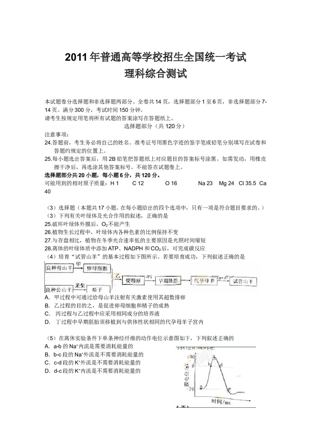 2011浙江省高考理科综合能力测试卷