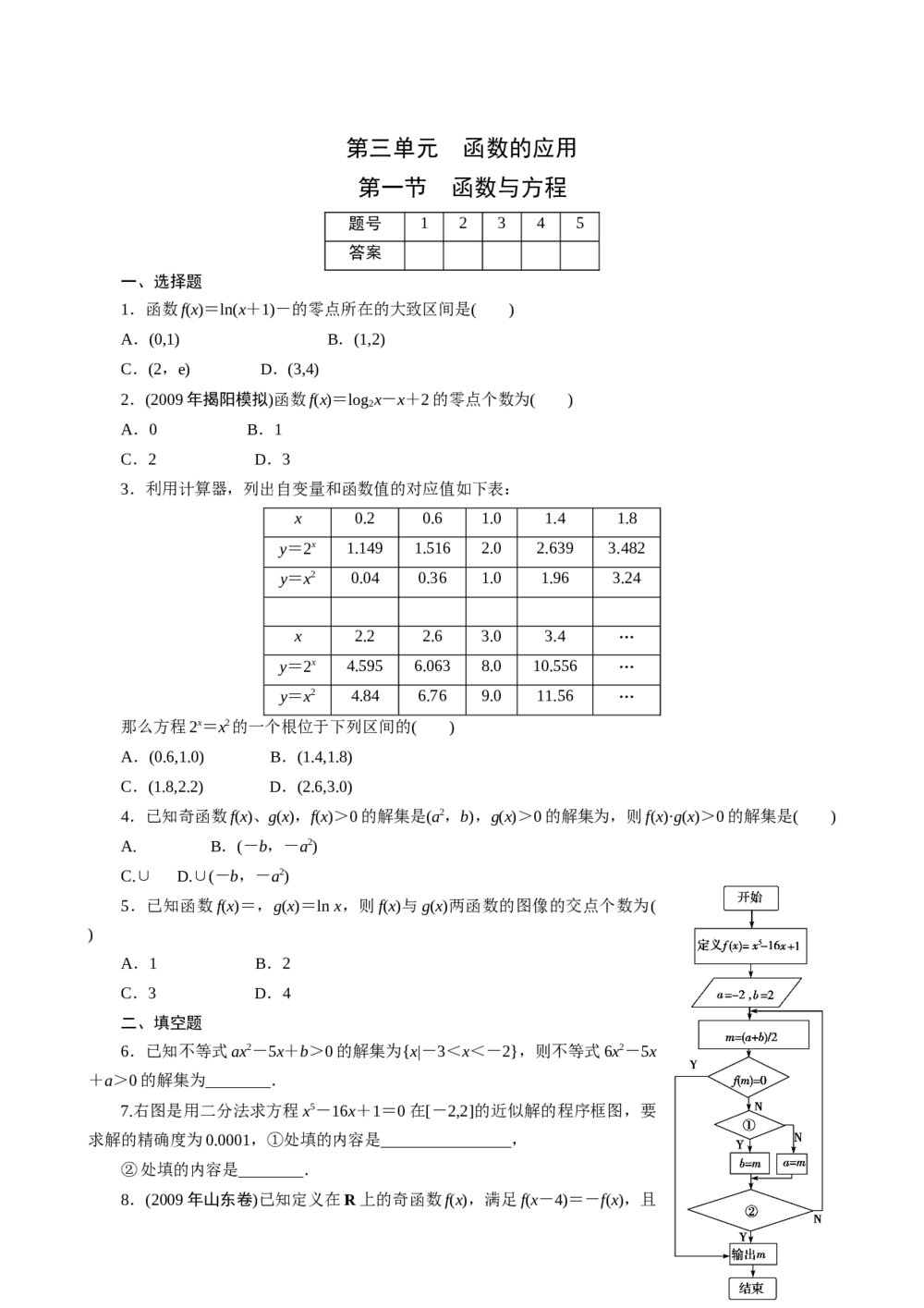 2011年高考一轮课时训练(理)3.3.1函数与方程+参考答案(通用版)