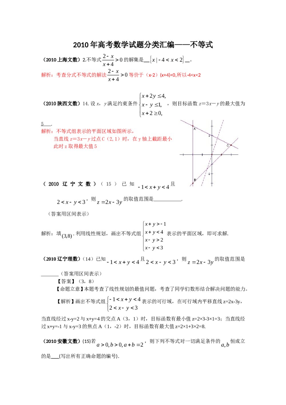 2010年高考数学试题分类汇编--不等式+(答案解析)