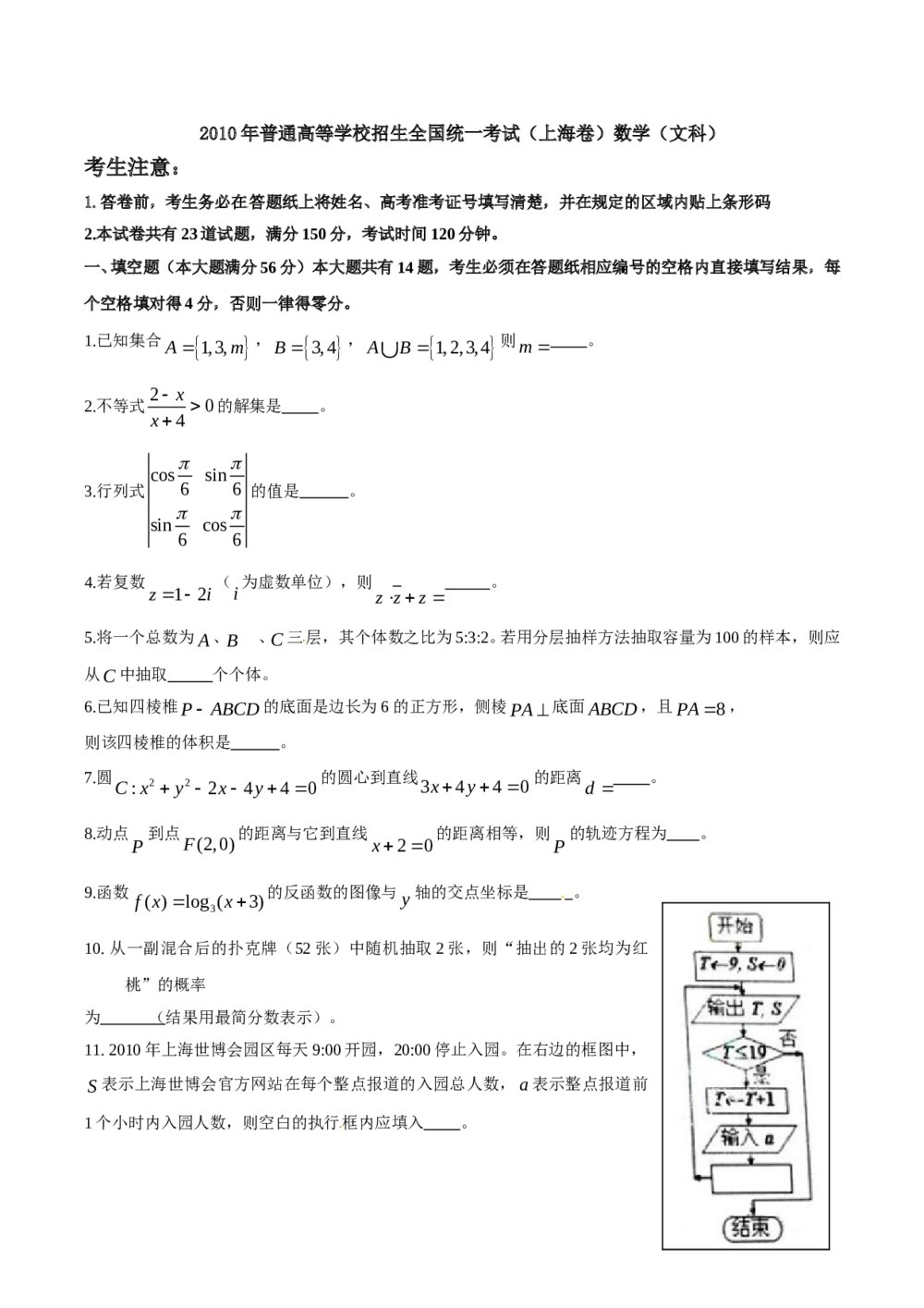 《上海卷》高考数学文科试题试卷1
