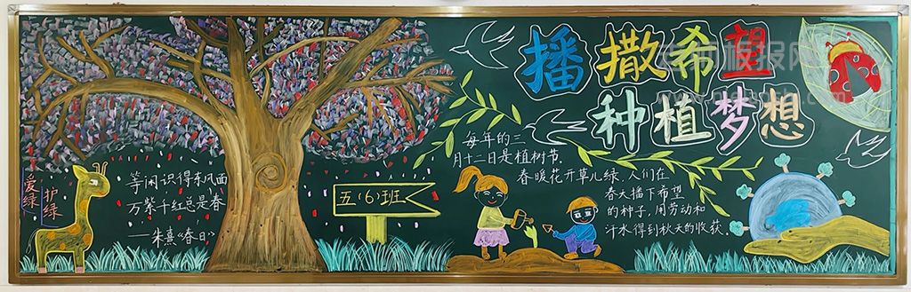 小学生植树节黑板报 播撒希望种植梦想·植树节黑板报图片粉笔画（3张）