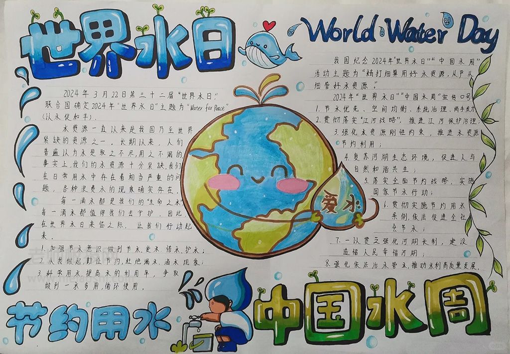 世界水日·中国水周手抄报绘画图片（1张）节约用水世界水日节水宣传手抄报