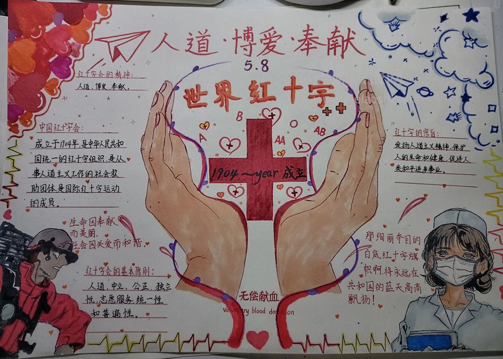 《人道·博爱·奉献》世界红十字日专题手抄报绘画图片·二等奖（1张）