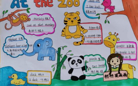 At the zoo在动物园英语手抄报绘画图片（1张）三年级英语手抄报