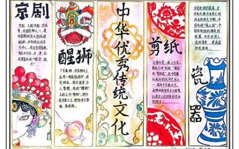 中华优秀传统文化京剧醒狮剪纸瓷器手抄报图片 传统文化手抄报